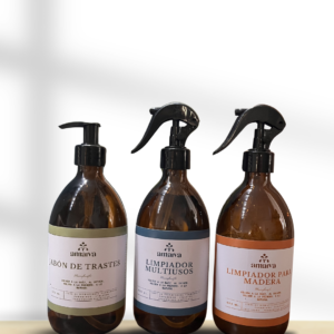 pack de 3 botellas de vidrio para refil de los productos limpiadores de amaiva.